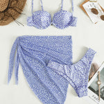 Three-Piece Floral Bikini & Beach Skirt Set - light blue