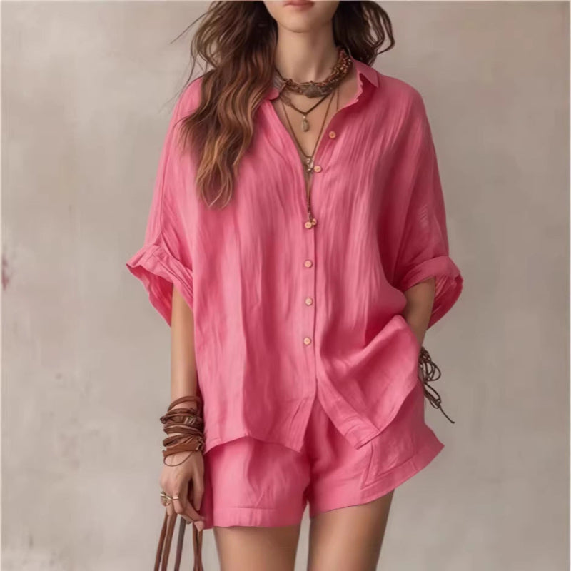 Single-Breasted Short-Sleeved Shirt Wide-Leg Shorts - pink