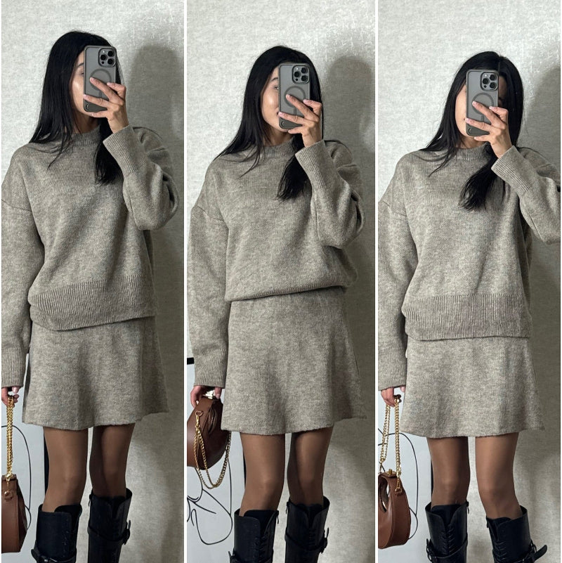 Long Sleeve Pullover Elegant Solid High Waist Mini Skirt Outfit