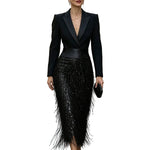 Black Blazer Sequin Fringe Midi Dress
