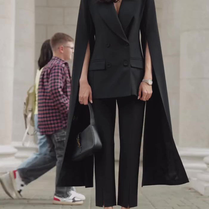 Black Cape Blazer Suit With Cropped Pants Set