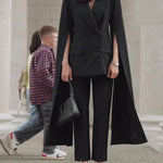 Black Cape Blazer Suit With Cropped Pants Set
