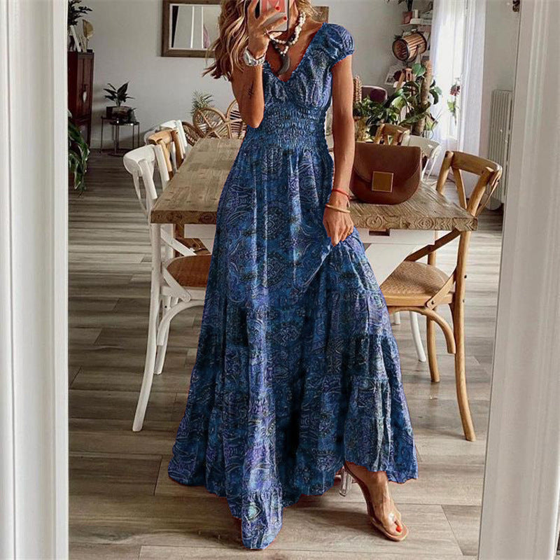 Floral Print A-Line Maxi Dresses - blue