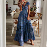 Floral Print A-Line Maxi Dresses - blue