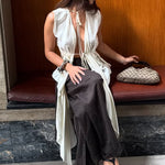 Cream Satin Tie Detail Sleeveless Draped Tunic Top
