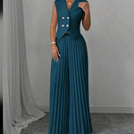 Vest Top And Pleated Straight Pants Set -blue
