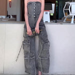 Denim Tube Top Single-breasted Jumpsuit