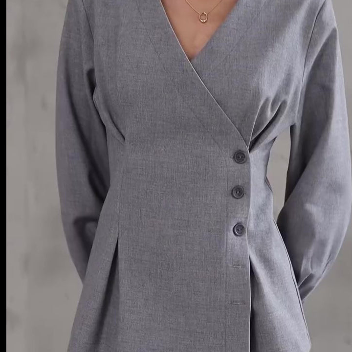 Light Grey V-Neck Asymmetrical Button Top & Wide-Leg Pants Set - grey