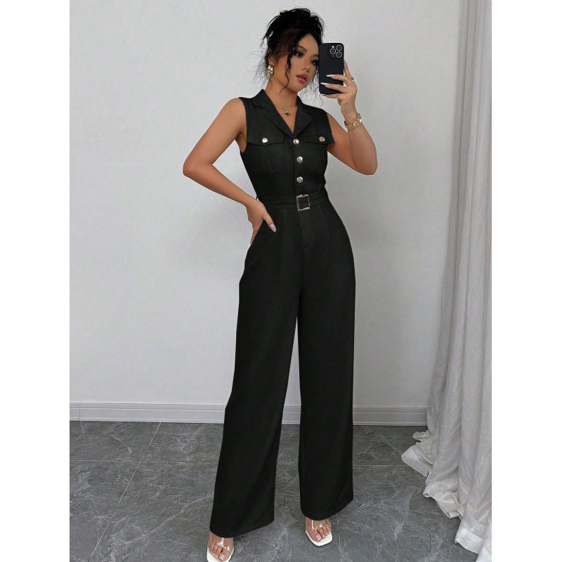 Tailored Notch-Lapel Button-Front Patch-Pocket Belted Wide-Leg Sleeveless Jumpsuit - black