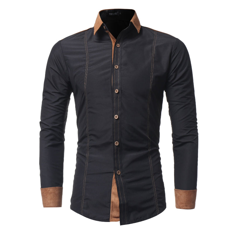 White, Black & Navy Slim-Fit Faux-Suede Contrast-Collar Button-Front Long-Sleeve Dress Shirt
