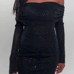 Off-Shoulder Maxi Dress With Glitter Detail And Mesh Sleeves