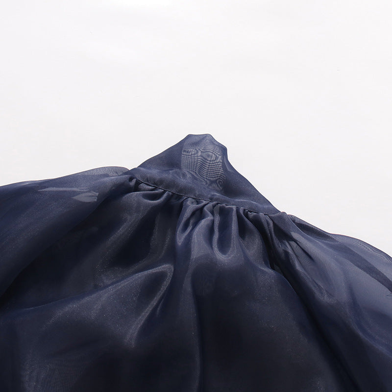 Navy Blue Glossy Organza Self-Tie Bow Neck Balloon-Sleeve Cinched-Waist Asymmetric Blouse