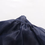 Navy Blue Glossy Organza Self-Tie Bow Neck Balloon-Sleeve Cinched-Waist Asymmetric Blouse