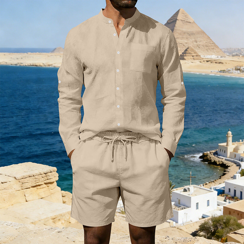 Casual Linen Shirt And Shorts Set - khaki