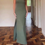 Halter Neck Open Back Slit Maxi Dress