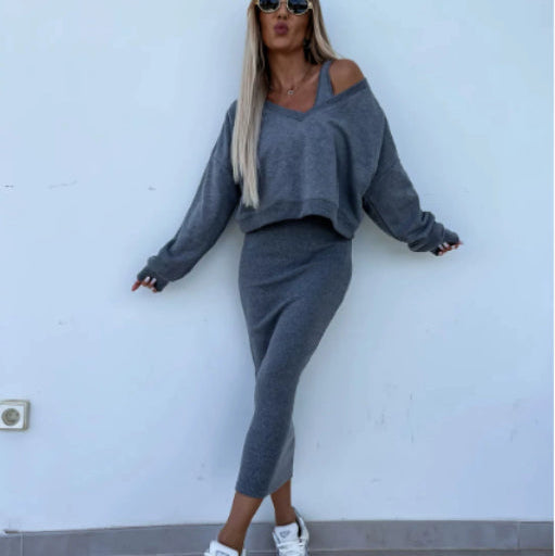 V-neck Pullover Sweatshirt And Sleeveless Dress Set - grey