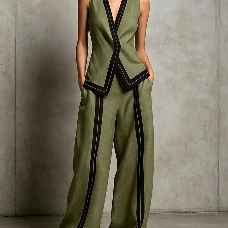 Contrast Trim Vest & Wide Leg Pants Set - army green