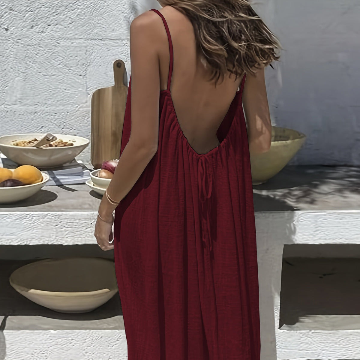 U-cut Backless Tie-up Long Dresses - red