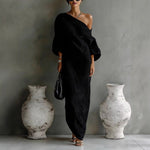 Irregular Off-shoulder Midi Dress - black