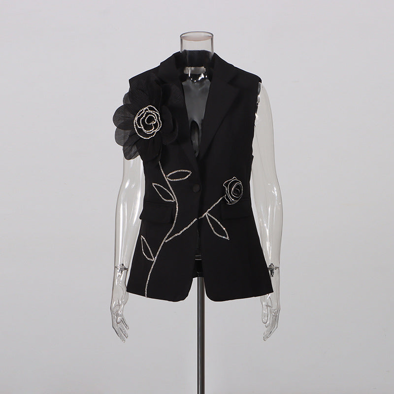 Sleeveless Blazer Vest & Wide Leg Trousers 2 Piece Floral Embroidery Suit Co-ord - black