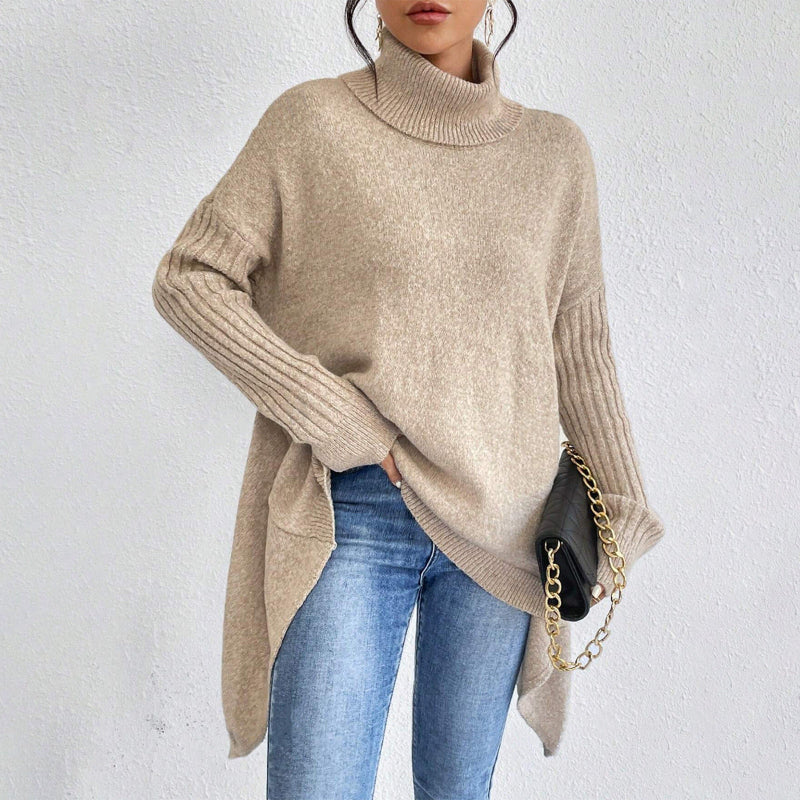 Irregular Turtleneck Sweater: Modern Intellectual Style - beige