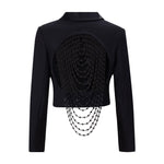 Black Backless Beaded Cropped Blazer & High Waist Pants Set