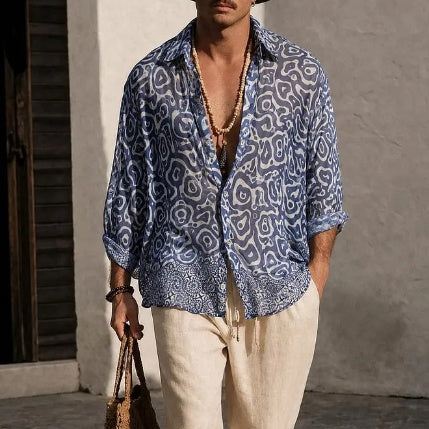 Mediterranean Mosaic Print Sheer Oversized Shirt