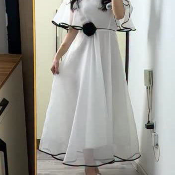 White Chiffon Flutter-Sleeve A-Line Maxi Dress With Black Scallop Trim & 3D Rosette Waist