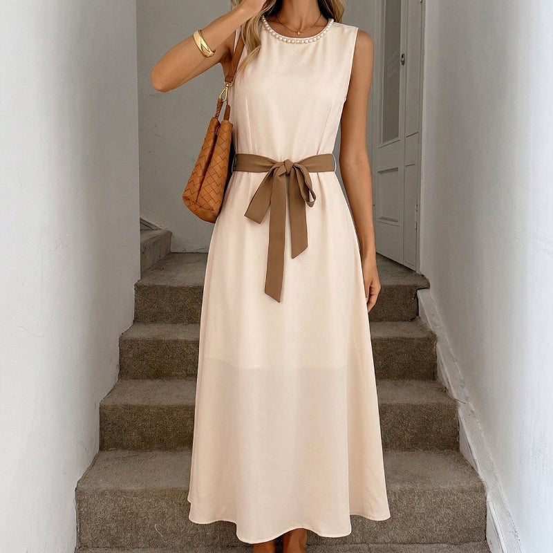 Pearl Neck Sleeveless Self-Tie Belt A-Line Midi Dress
