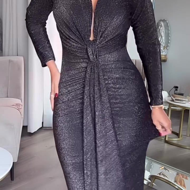 Deep V Long Sleeve Bodycon Maxi Dress