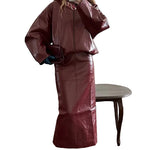 Faux Leather Batwing Zip Jacket & Fitted Midi Skirt Co-Ord - red