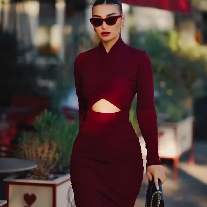 Burgundy Red Cutout Long-sleeved Bodycon Maxi Dress