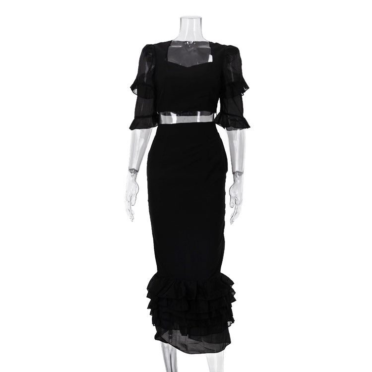Sweetheart Puff-Sleeve Crop Top & Tiered Ruffle Hem Midi Skirt Set
