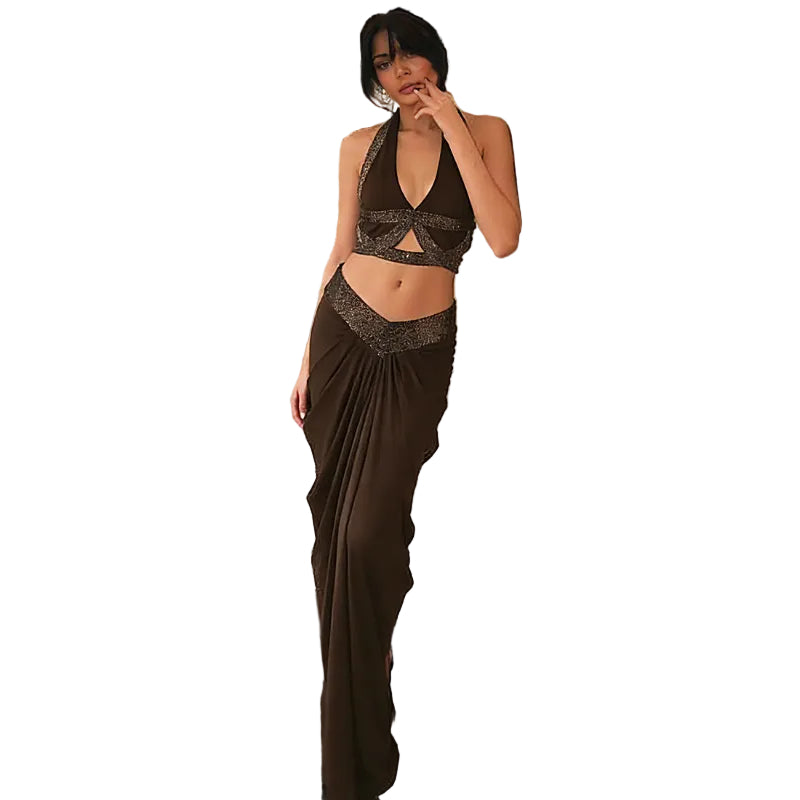 Coffee Halter Cut-Out Top & Maxi Skirt Set