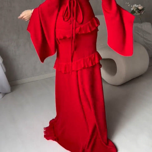 V-neck Bell-sleeved Ruffled Maxi Dress - tred