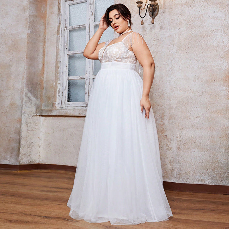Plus-Size Bridal Gown — Illusion-Lace Bodice, Beaded Fringe Shoulder, Tulle A-Line Floor-Length — Curve Sizes 0XL–4XL
