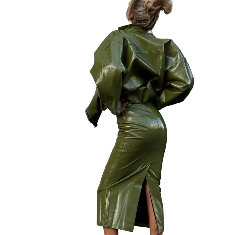 Faux Leather Batwing Zip Jacket & Fitted Midi Skirt Co-Ord - olive green