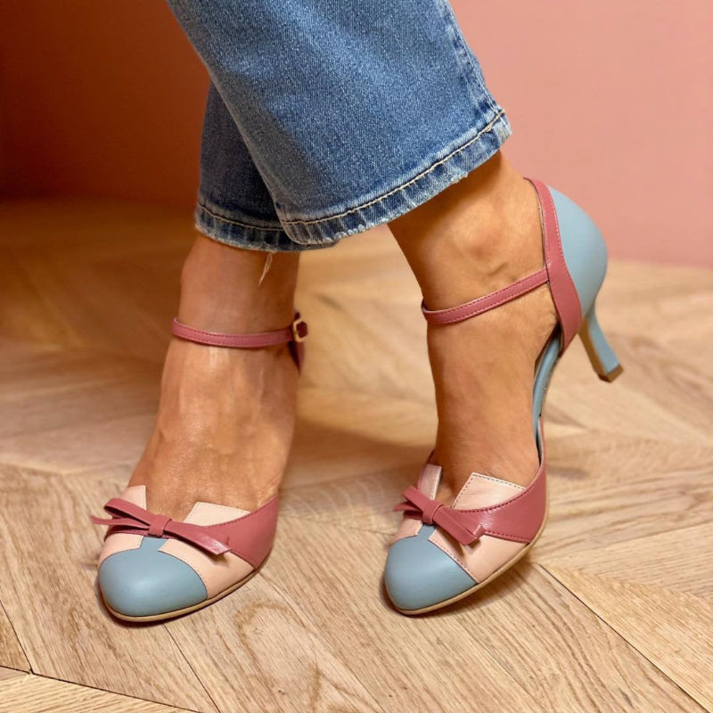 Colour-Block Bow Ankle-Strap Heels - pink