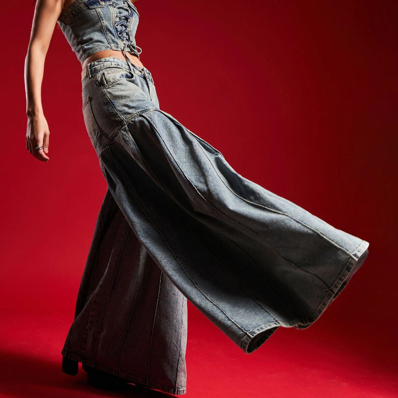 Strapless Denim Corset Crop Top & High - Waisted PleatedWide - Leg Pants Set