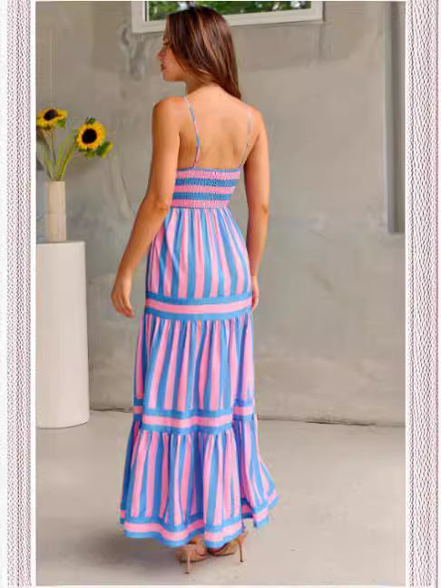 Striped Printed Suspender Long Midi Dress -blue