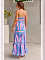 Striped Printed Suspender Long Midi Dress -blue