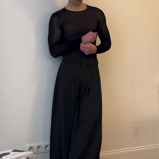 Black Mesh Long-Sleeve Top With Sheer Design