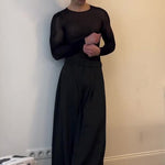 Black Mesh Long-Sleeve Top With Sheer Design