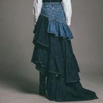 Two-Tone Denim High Waist Asymmetric Multi-Layer Ruffle Maxi Skirt