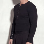 Black Henley Neck Ribbed Slim Fit Long Sleeve Knit Top