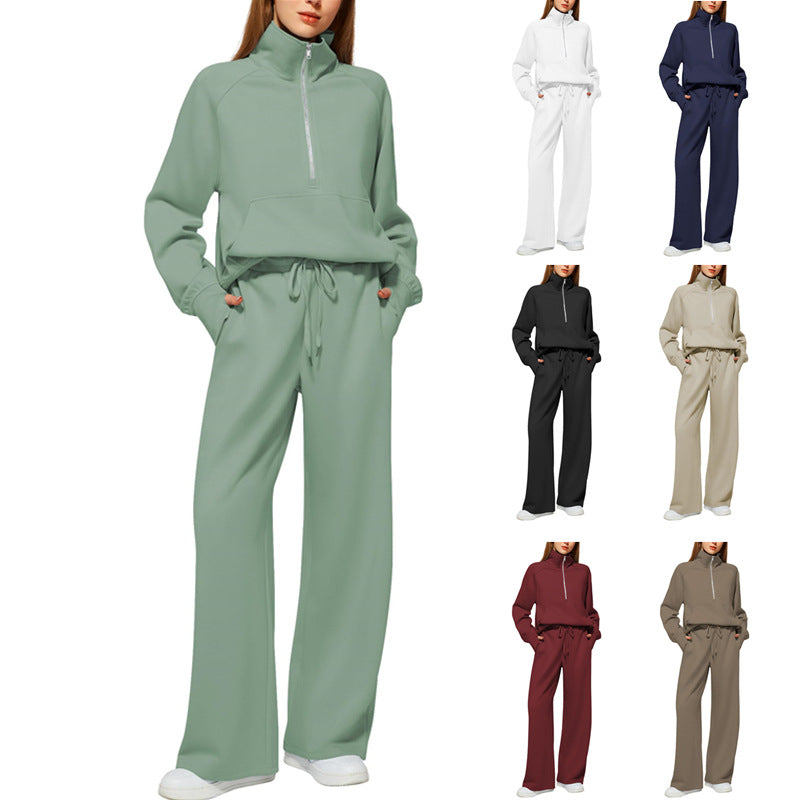 Half Zip Long Sleeve Sweatshirt And Wide Leg Pants Set