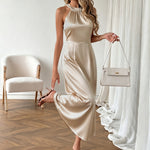 Pearl Halter High Waist Flowy Midi Dress