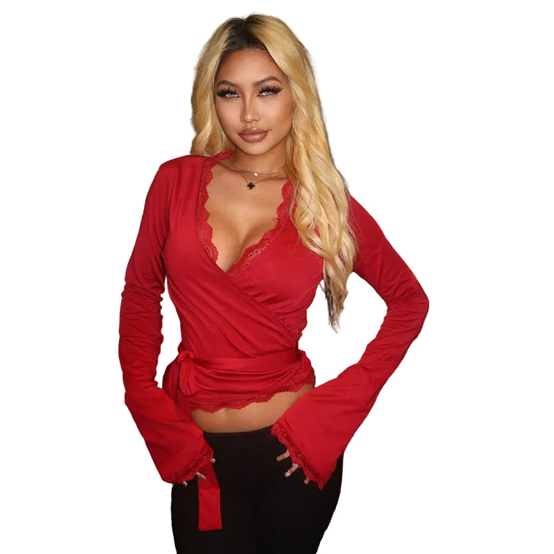 Title: Bold V-Neck Lace-Up Long-Sleeve Top