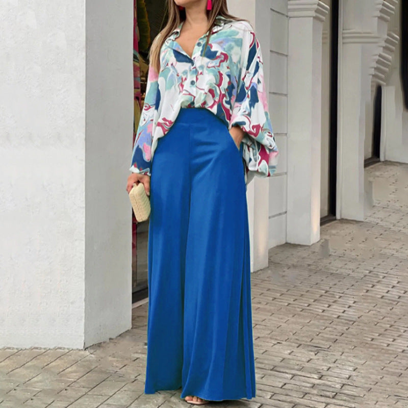 Fashionable Printed Wide-leg Pants - blue