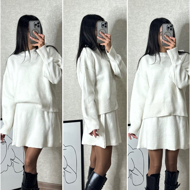 Long Sleeve Pullover Elegant Solid High Waist Mini Skirt Outfit